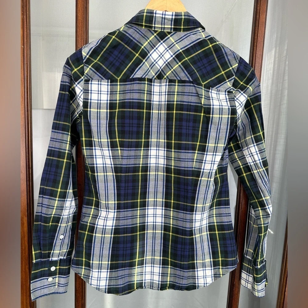 J Crew Perfect Shirt Women 2 Blue Tartan Plaid 100% Cotton Long Sleeve Button Up